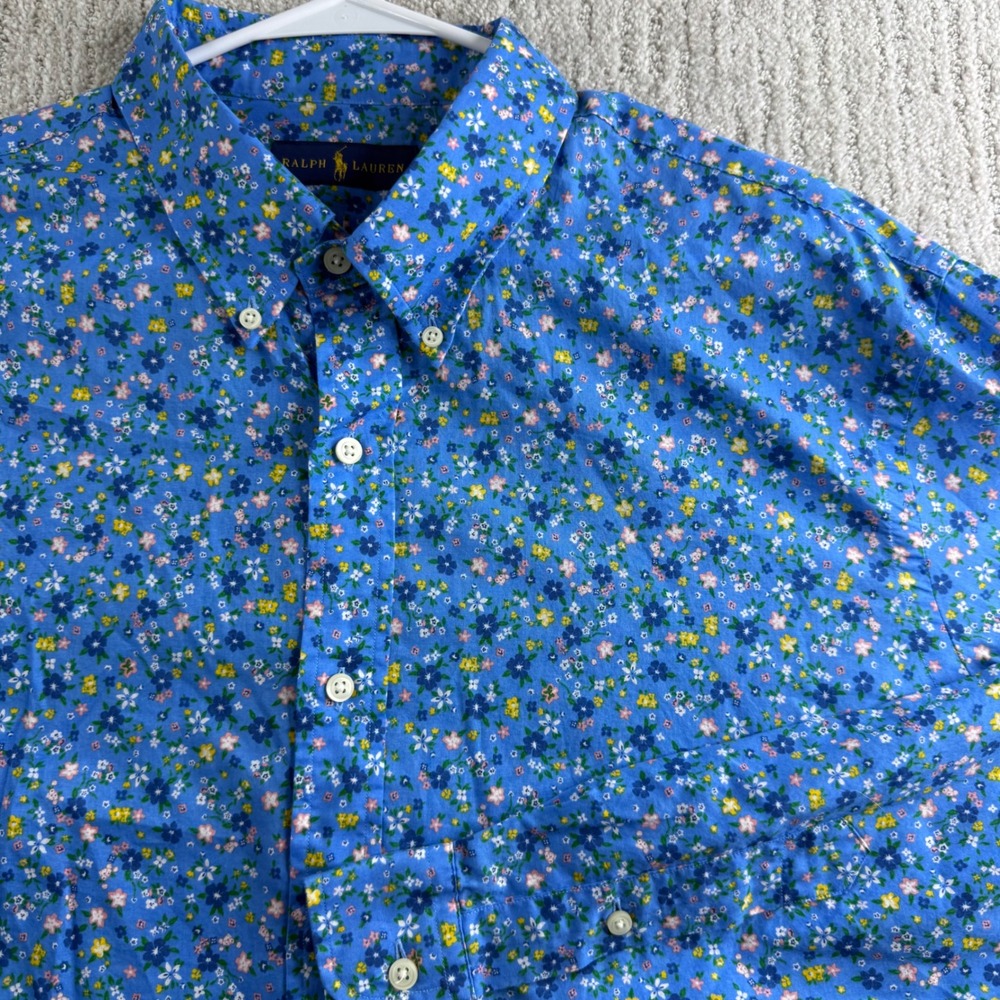 Ralph Lauren Mens XXL Blue Floral Cotton Button Down Long Sleeve Shirt
